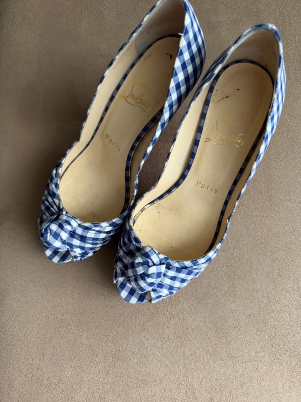 Christian Louboutin Blue Gingham Knotted Peep-Toe Pumps